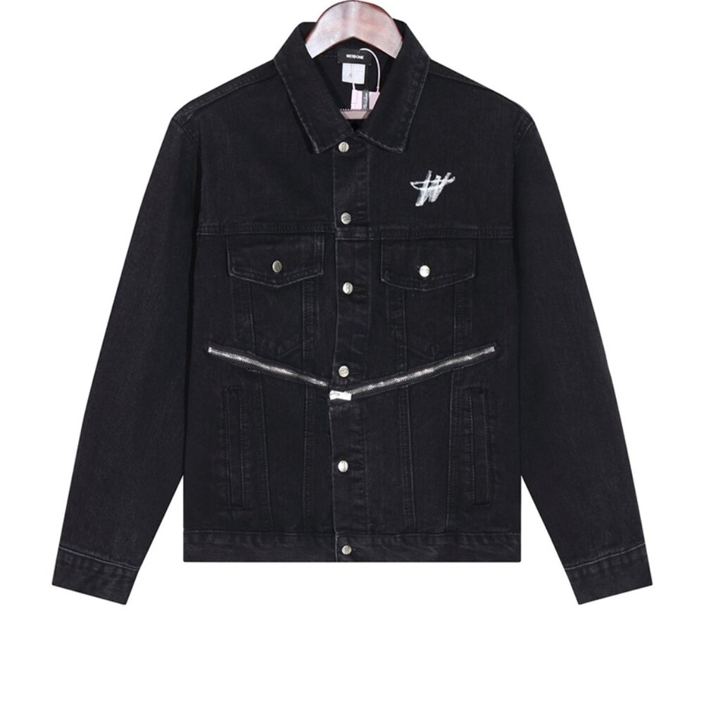 We11done Printed Diagonal Zipper Washed Denim Jacket